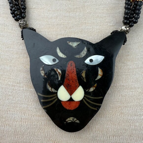 Vintage MOP Inlay Panther Cat Beaded Necklace Pendant 23.5" - Picture 2 of 7